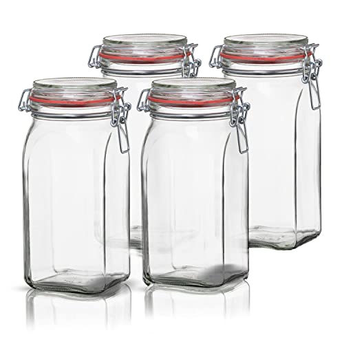 BigDean 4er Set Vorratsgläser 1,5L - Einmachgläser mit Bügelverschluss - Made in Germany - Drahtbügelgläser zum luftdichten Aufbewahren, Einlegen & Einkochen - Glas, eckig
