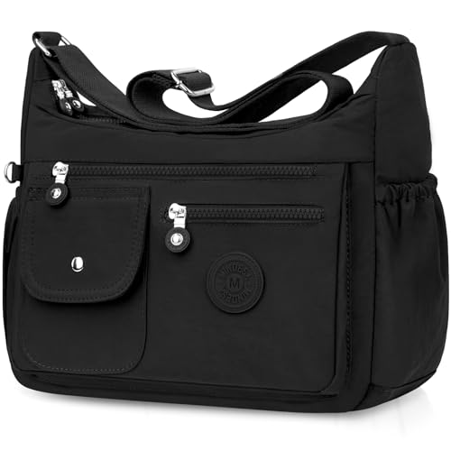 BTNEEU Umhängetasche Damen Groß Nylon Crossbody Bag Wasserdicht Gross Handtasche mit Vielen Fächern Leicht Schultertasche Mittelgroß Verstellbarer Messenger Bag für Einkaufen, Reisen, Schule (Schwarz)
