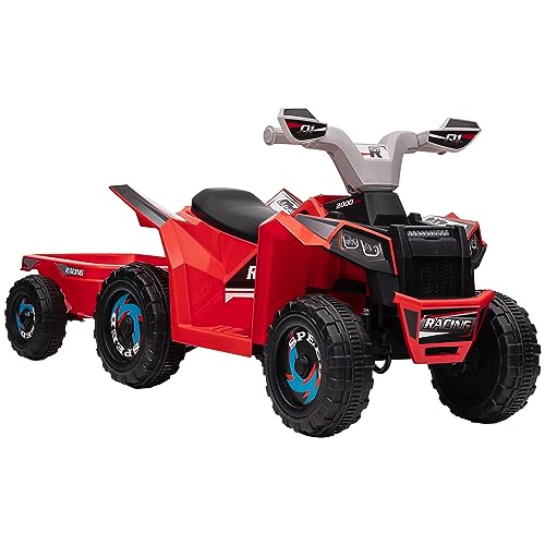 HOMCOM Kinder Elektro-Quad 6V Kinderquad, Kinderfahrzeug, Elektroauto mit Anhänger für Kinder 1,5-3 Jahre, 2,5 km/h, Metall, 106 x 41,5 x 48,5 cm, Rot