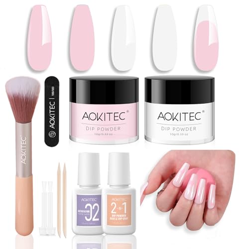 Aokitec Dipping Powder Nails Set - Rosa & Weiß Dip Powder mit 2-in-1 Dip-Base & Top Aktivator, Nageldesign Zubehör für DIY Nail Art, leicht zu tragen und zu verwenden, Nagelset der Holiday-Serie
