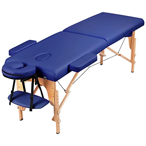 Yaheetech Massageliege Mobile Massagetisch mit Holzfüßen 2 Zonen Tragebares Massagebett inkl. Kopfstütze & Armlehnen Höhenverstellbar 60cm Breit bis 250 kg Belastbar, Blau