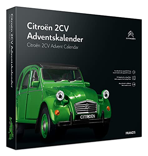 FRANZIS 55154 - Citroen 2CV Adventskalender grün, Metall Modellbausatz im Maßstab 1:32, inkl. Soundmodul und 50-seitigem Begleitbuch