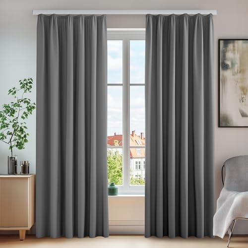 Deconovo Blickdichte Gardinen Vorhang mit Kräuselband Thermo Schallschutz Kälteschutz, 160x140 cm(HöhexBreite), Hellgrau, 2er Set