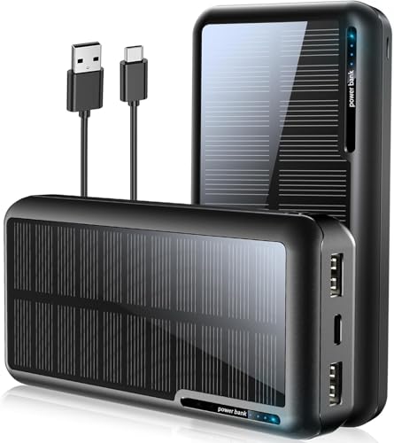 Solar Powerbank 30000 mAh, 15W PD 3.0A Tragbare USB C Solar Schnellladen Ladegerät mit 3 Ausgänge 3 Eingänge, Wasserdichtem Power Bank Solarpanel Outdoor Kompatibel für Smartphones, Tablets