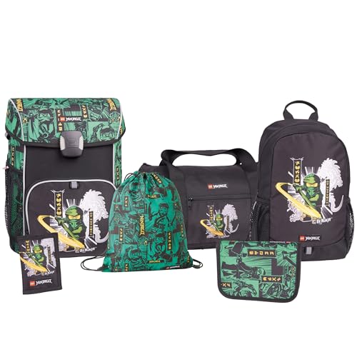 SKANDO BAGS LEGO NINJAGO Schulranzen-Set - 6-teiliges Komplettpaket. Geräumiger Schulranzen, CE-zertifiziertes Federmäppchen, Turnbeutel, kleiner Rucksack, Geldbörse und Sporttasche, Grün