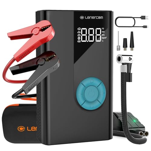 Starthilfe Powerbank mit Luftkompressor, Lenercom 1500A 12V Auto Starthilfe mit 150 PSI Digitalem Reifenfüller, 4-in-1 Auto-Starthilfe-Batterie-Booster und QC3.0-Schnellladefunktion