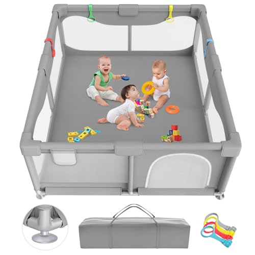 Sarr Klith Laufstall Baby 150x180cm, 2025 Upgrade Laufgitter Baby mit Saugnäpfen, Indoor/Outdoor Laufgitter mit Atmungsaktivem Netz, Keine Spielmatte, Einfacher Montage/Demontage