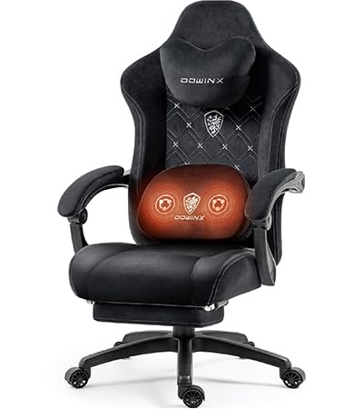 Dowinx Gaming Stuhl mit beheizter Massage Lendenwirbelstütze, Gamer Stuhl High Back PC Stuhl für Erwachsene, Stoff Gaming Stuhl mit Taschenfederkissen und Fußstütze, Black