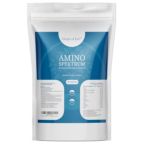 Origin of Life Amino Spektrum - 500 Tabletten a 1000mg - Hochdosiert & Vegan - Big Pack - 18 Aminosäuren inkl. 8 EAA´s & BCAA - Laborgeprüft - ohne Magnesiumstearat