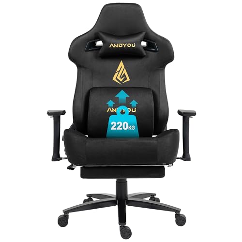 Andyou Gaming Stuhl Wippfunktion von 12° Chefsessel 220kg Belastbarkeit, Ergonomisch PC-Stuhl aus Wildlederimitat Stoff, Gaming Sessel mit 3D Armlehnen, 90-155° Rückenlehne