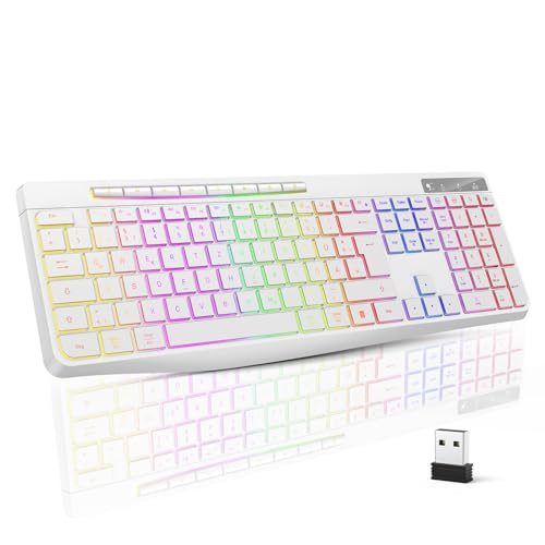 TECURS Gaming kabellos Tastatur, Leise QWERTZ Ergonomische wasserdichte 2,4 GHz LED Beleuchtete-Tastatur für Windows/Mac/PS4/Xbox mit Multimedia-Tasten Weiß