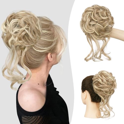 Sofeiyan Haarteil mit Gummiband Gelockt Dutt Haarteil Mit Haaren Hochsteckfrisuren Synthetisch Messy Bun Haar Tousled Updo Haarteile für Frauen Mädchen, Hell Aschbraun & Bleichblond