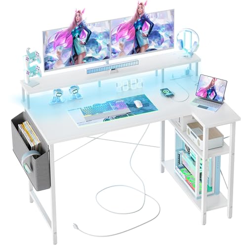 BEXEVUE Eckschreibtisch mit Steckdosenleiste LED – 120x70 cm Ergonomic Kleiner L-förmiger Ablagefächer, Umkehrbarer PC Ecktisch Computertisch, Corner Gaming Tisch, Studium Arbeit Zuhause Schlafzimmer