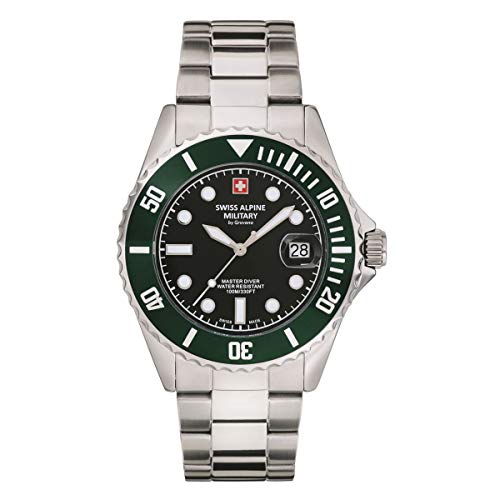 Swiss Alpine Military 7053.1 Master-Diver Herren-Armbanduhr, analog, Quarz, Edelstahl, Stahl/Grün/Schwarz – 1133Sam, Armband, Stahl/Grün/Schwarz – 1133sam, Armband