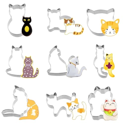 9Stk Edelstahl Ausstechformen Set, Sanwich Gemüse Obst Ausstecher, Ausstecher Katze, Tiere Form Gemüseschneider für Katze Themed Party