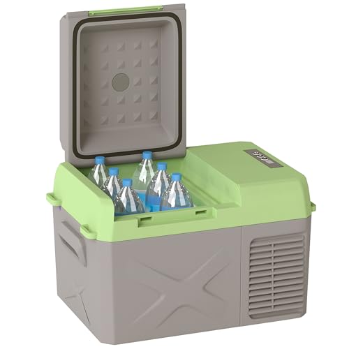 Outsunny 12 Liter Kompressor Kühlbox elektrische Kühlbox mit Anschluss Kühlhaltefunktion Gefrierbox Thermobox Mini Kühlschrank 12/220 Volt für Auto Steckdose LKW Camping Boot Grau+Grün