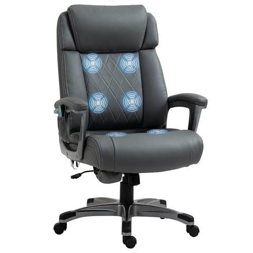 Vinsetto Massage-Bürostuhl 6-Punkt-Massage-Drehstuhl ergonomischer Stuhl Einstellbare aus Kunstleder mit gewölbter Kopfstütze und Armlehne Grau 70 x 76,5 x 114-124 cm