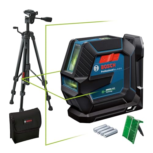 Bosch Professional Linienlaser GLL 2-15 G (grüner Laser, Innenbereich, Halterung LB 10, Stativ BT 150, sichtbarer Arbeitsbereich: bis 15 m, 4x AA-Batterie, in Kartonschachtel)