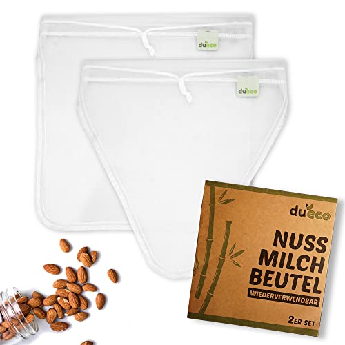DuEco Nussmilchbeutel mit 2 Stück für Bio Nussmilch & Pflanzenmilch - Mehrzweck Passiertuch für hausgemachten Käse, Obstsaft und Gemüsesaft (2er Set | 1V-förm (28 x 30cm)+1U-förm (30 x 30cm))