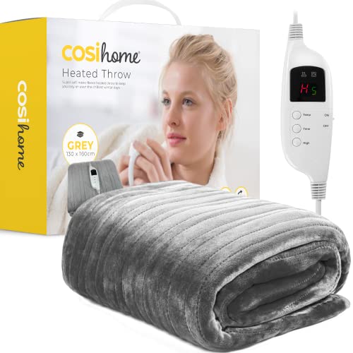 Cosi Home XL Heizdecke 180 x 130 cm - Extra große elektrische Wärmedecke mit Abschaltautomatik, waschbare Kuscheldecke mit digitaler Bedienung, Timer und 9 Heizstufen - Grau