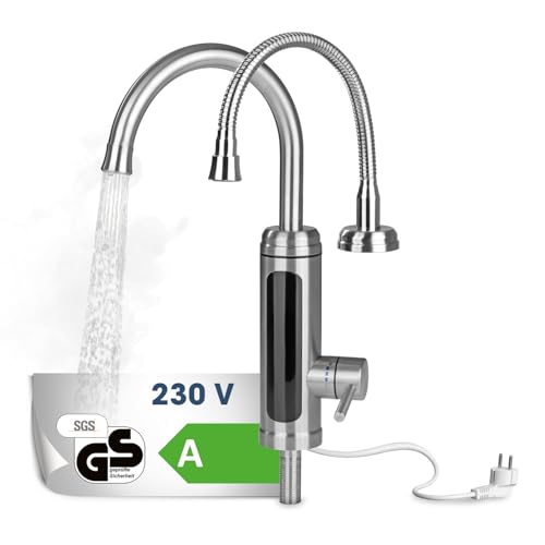 MAXXMEE Elektrische Edelstahl Armatur plus integrierter Durchlauferhitzer | Wasserhahn mit Heizspirale & LED Temperaturanzeige | 2 wechselbare Wasserhähne | über 60 °C warmes Wasser ohne Vorheizen