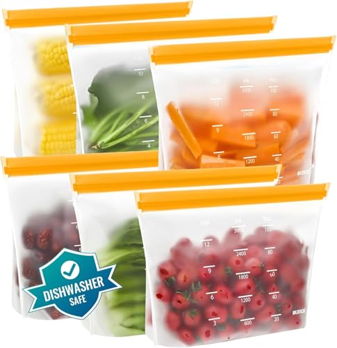 IDEATECH 6 Stück Gefrierbeutel Wiederverwendbar mit Stehendes Boden-Design, Silikonbeutel für Lebensmittel, Aufbewahrungsbeutel Sandwichbeutel Küche Beutel für Gemüse Milch Snacks Fleisch