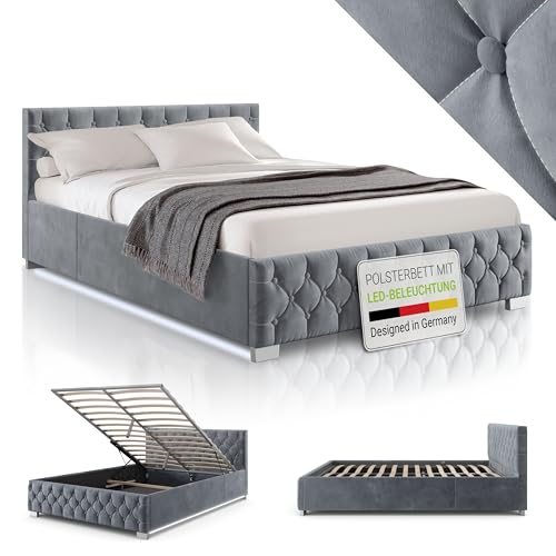 Juskys Polsterbett Nizza 120x200 cm Samt mit Stauraum, LED Beleuchtung & Lattenrost - Chesterfield Steppung & Kopfteil - Bett Bettgestell - Grau