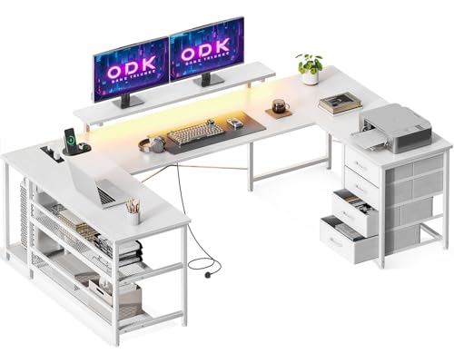 ODK Eckschreibtisch mit 4 Schubladen&Stauraum, Reversible Eckschreibtisch mit 2 Steckdosen und 2 USB Ladeanschluss, Gaming Schreibtisch mit LED&Monitorständer für Home Office, 167×102cm, Alles Weiß