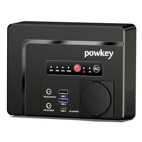 Powkey Tragbare Powerstation 26400mAh/97.68Wh Powerbank Steckdose mit 100W/230V AC Ausgang, 12V DC, PD 65W USB C Externer Akku Power Station Camping Tablet Handy