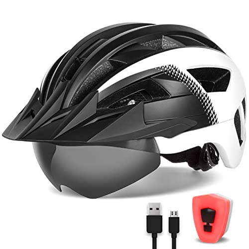 FUNWICT Fahrradhelm mit Visier für Herren Damen, Leichte Fahrradhelm mit Magnetischem Brille und USB-Aufladung LED Licht, Stylisch Mountainbike Helm (L: 57-61 cm, Schwarz Weiss)