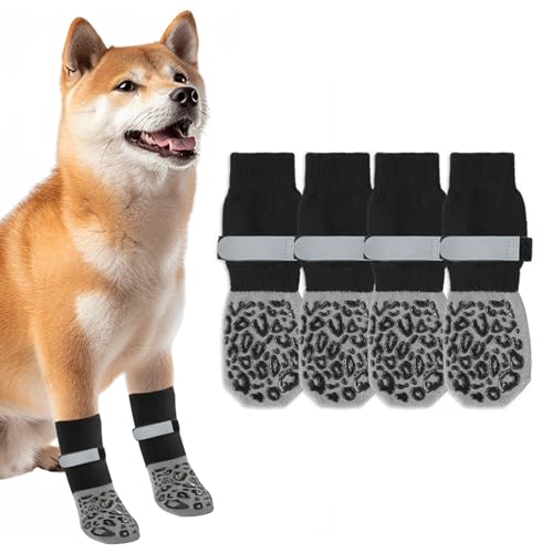 4er-Pack Hundesocken Leckschutz Antirutschsocken Hund Hunde Socken Anti Rutsch Socken Hund Hunde Stoppersocken mit Verstellbarem Riemen für Innenböden (Schwarzes Leopardenmuster, Größe M)
