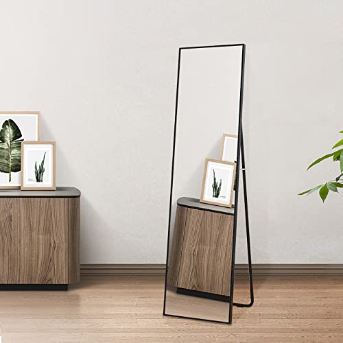 AUFHELLEN Ganzkörperspiegel 150x40cm mit Schwarz Metallrahmen Standspiegel HD Groß Wandspiegel mit Haken für Wohn-, Schlaf- und Ankleidezimmer Spiegel