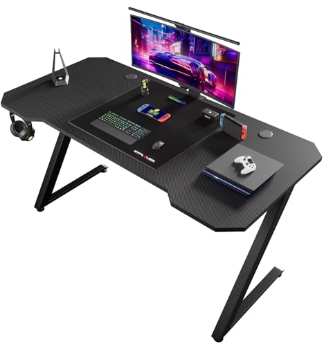 GTPLAYER Gaming Tisch, Gaming Schreibtisch 120 x 60cm, PC Tisch Gamer Tisch mit Kohlefaseroberfläche, Stabiler Computertisch mit Kopfhörerhaken, Schwarz