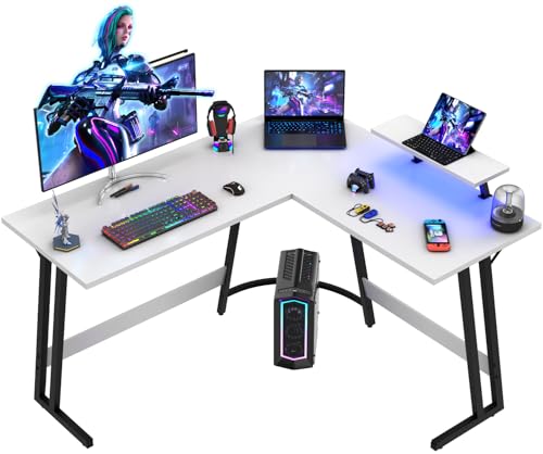 Devoko LED Gaming Tisch L Form mit Monitorständer, Eckschreibtisch für Gamer, Gaming Schreibtisch L Form, Groß Pc Computertisch, Weiß Mattiert, 150x130cm