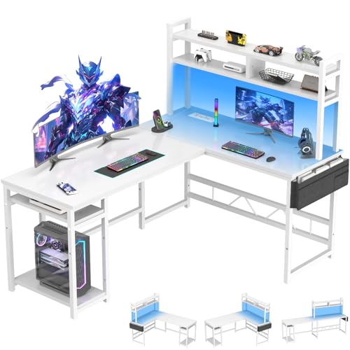 Devoko Gaming Tisch Eckschreibtisch 160x120 cm - LED-Beleuchtung, 2 Steckdosen + 2 USB-Anschlüsse, weiß - Computertisch mit Stauraum für Gamer & Homeoffice