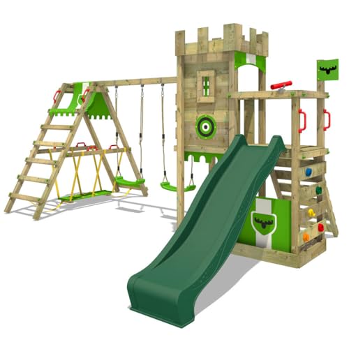 FATMOOSE Spielturm Ritterburg BoldBaron Boost XXL mit SurfSwing, Schaukel & grüner Rutsche, Outdoor Kinder Kletterturm mit Sandkasten Leiter & Spiel-Zubehör für den Garten