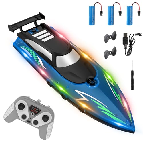 Ferngesteuertes Boot mit LED-Licht, 2,4-GHz Rennboote mit 3 Batterien, Hohegeschwindigkeit RC Wasserdichtes Boot, 15km/H Speedboot, Rennboot Geeignet für Kinder, Erwachsene, Seen, Poolspielzeug (blau)