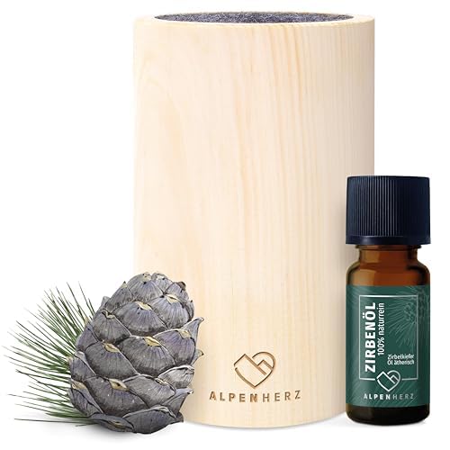 Alpen Herz Diffuser Set mit Zirbenöl 10 ml - Naturrein aus Österreich - Zirbenholz Würfel mit Filz Duftspender Schönes Zirbelkiefer Set als Deko