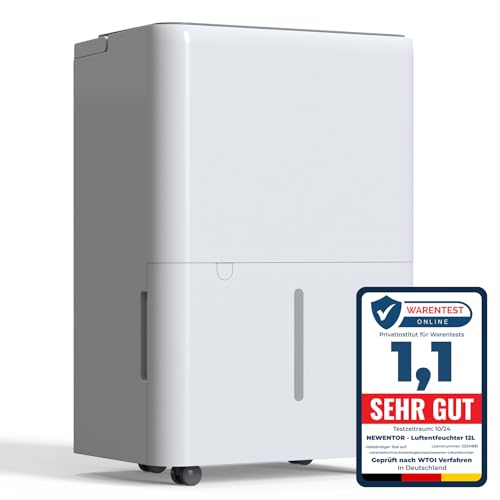 Newentor 12L Luftentfeuchter Elektrisch Keller 35dB, Entfeuchter Elektrisch Keller mit Ablaufschlauch 1m, Raumentfeuchter Elektrisch 25m²/122m³, 10 J. Gar., Filter, Timer
