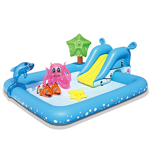 Bestway 53052B-03 - Planschbecken Fantastic Aquarium mit Rutsche, Wassersprüher und Spieltieren, 239 x 206 x 86 cm