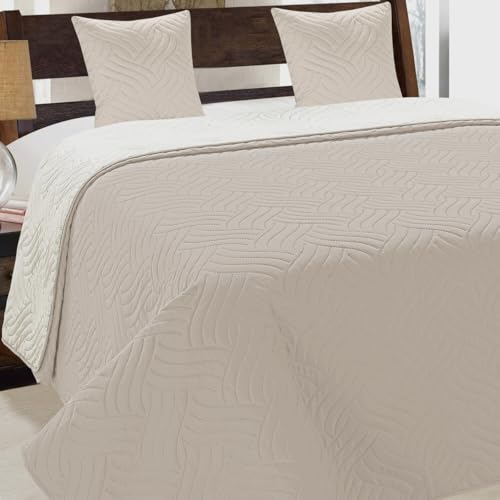 Tagesdecke Steppdecke Bettüberwurf Gesteppte Zweiseitig Tagesdecke mit 2 Kissenbezüge 40x40 cm- (Beige Ecru- 011, 220x240 cm)
