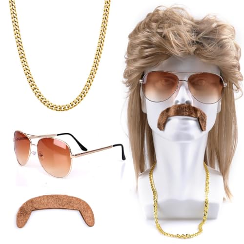 Vokuhila Perücke Herren,4 Stück Vokuhila Perücke Set,80er Perücke Herren,Synthetische Perücke,Perücken Wig Sonnenbrille Halskette,Outfit Accessoires Herren,Männer Perücke Cosplay Kostüm Party