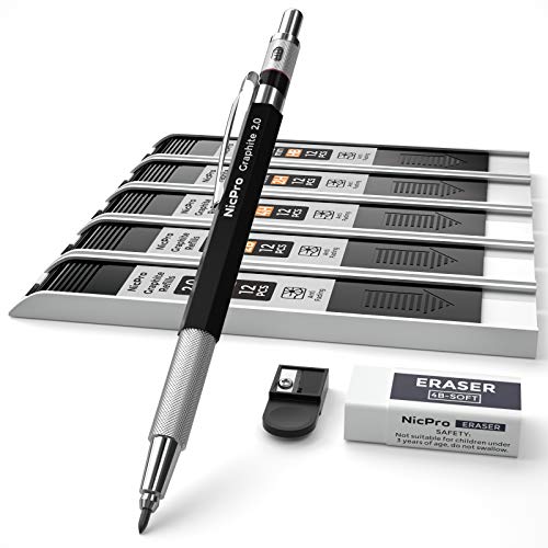 Nicpro 2mm Druckbleistifte Set, Fallminenstift Metall Mechanische Bleistifte 2,0 mm,5 Dosen Schwarz Bleimine (HB 2B 4H 2H 4B), Radiergummis, Anspitzer für Schreiben Zeichnen