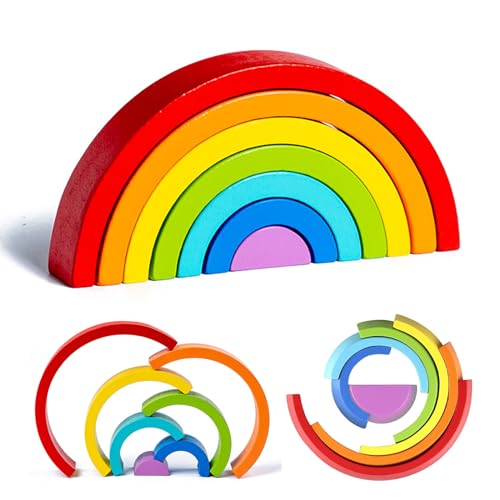 Kiuiom Regenbogen Holz Spielzeug Bausteine,Holz Regenbogen Baby Pastell,Holz Montessori Regenbogen,Holzregenbogen Stapel,Vorschule Stapeln Spielzeug,Holz Stapelturm,Baby Lernen Spielzeug