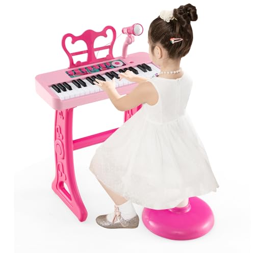 DREAMADE Kinder Keyboard, 37 Tasten E-Piano mit Notenständer & Mikrofon & Hocker, Klavier Spielzeug für Kinder ab 3 Jahren, Belastbar bis 50kg (Rosa)