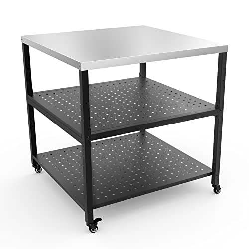 onlyfire Robuster Pizzatisch, Grilltisch Servierwagen Outdoor mit Edelstahloberfläche und 4 Rollen, Pizzaofen-Zubehör (80 x 80 x 83 cm)