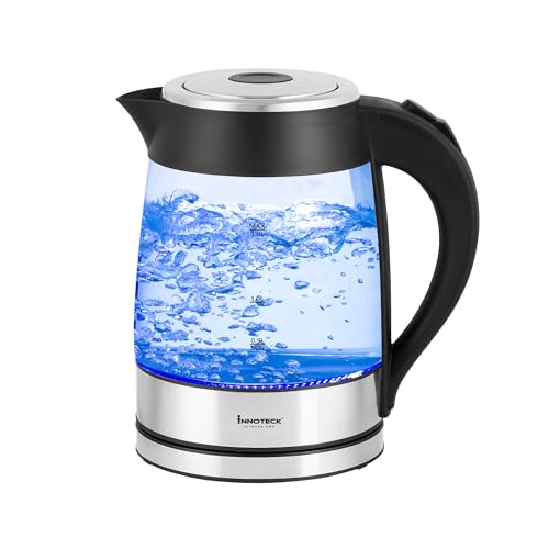 Innoteck Kitchen Pro Glas-Wasserkocher, 1,8 l, 3000 W, für schnell kochendes Wasser, blaue LED-Beleuchtung, schwarzer Griff und Druckknopf zum Öffnen des Deckels, perfekter Ausgießer, 360 Grad