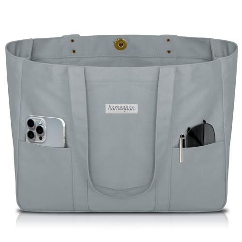HOMESPON Canvas Tote Bag Damen Handtasche Groß Shopper Taschen Umhängetasche mit Laptop Fach (Grau)