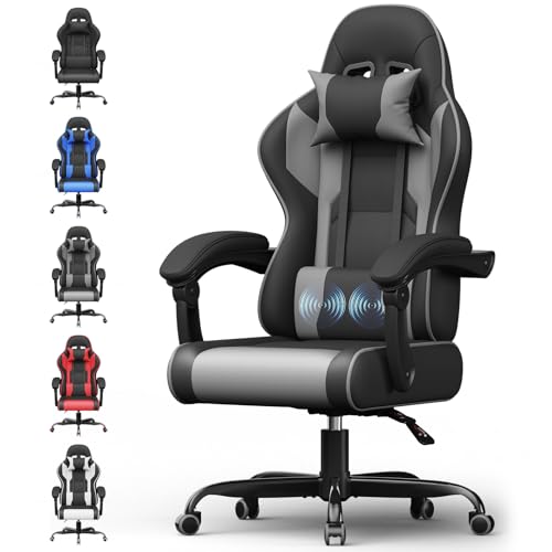 Airfish Bürostuhl Ergonomisch Gaming Stuhl Massage Gaming Sessel mit Kopfstütze Massage-Lendenkissen, Gepolstert Gaming Chair, Drehsessel,150kg Kapazität,Gray