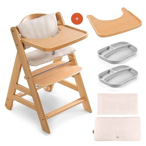 hauck Hochstuhl Alpha Move für Kinder ab 6 Monaten - inkl. Essbrett, Sitzauflage (Beige), 5-Punkt-Gurt und Essteller - Babystuhl mit Rollen aus Holz (FSC® zertifiziert) - mitwachsend & verstellbar